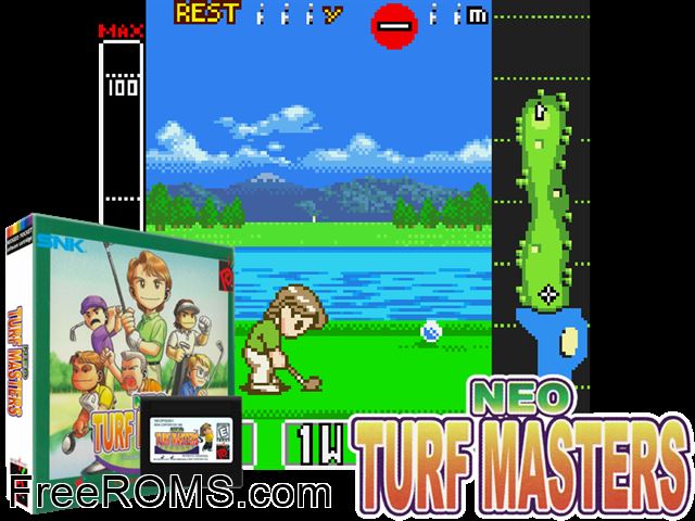 Neo Turf Masters Hack 2 NeoGeo Pocket game showing 3D box cover and gameplay screenshot